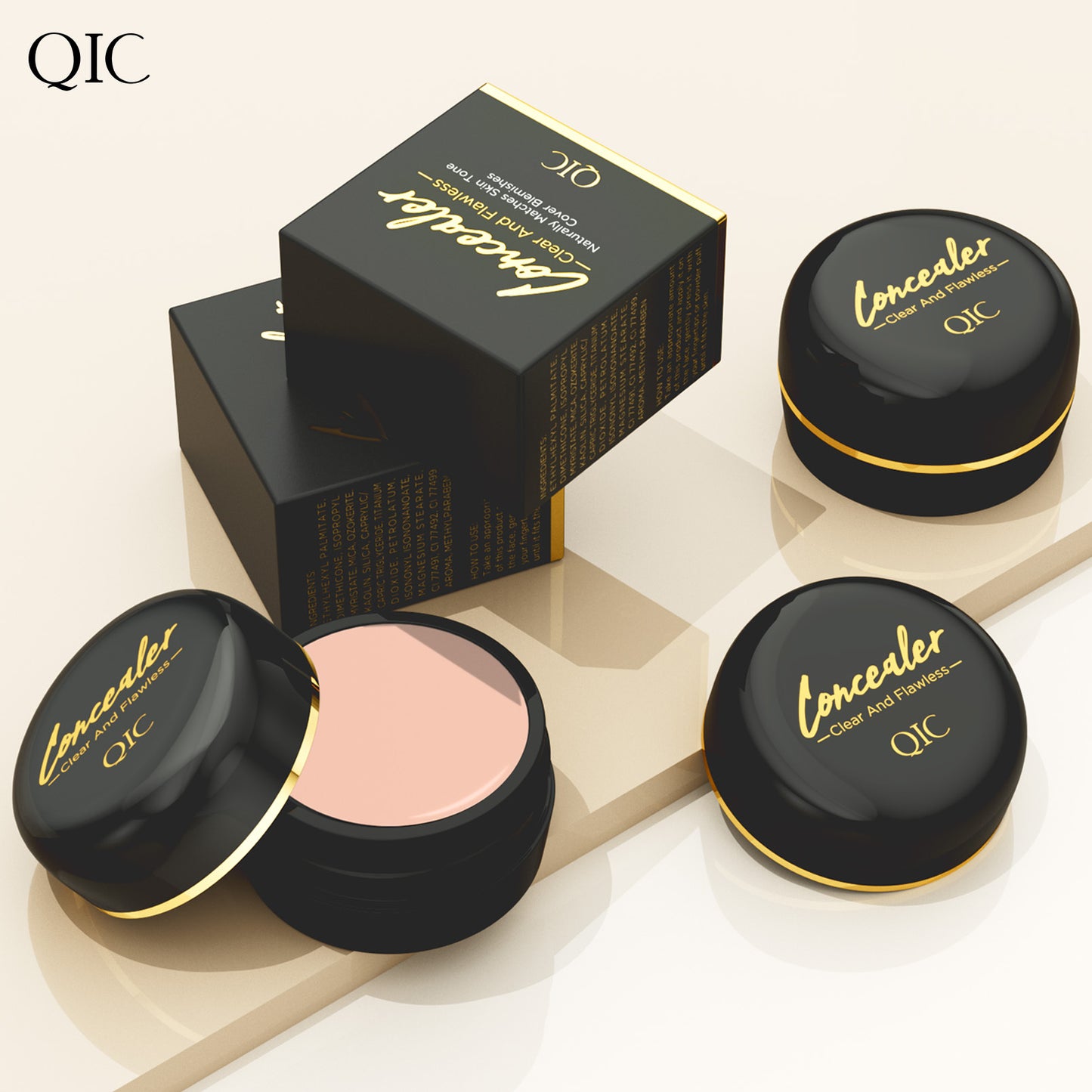 QIC Full Coverage Concealer Cream is a waterproof, matte finish for all skin tones, hiding scars, dark spots, and lasting long. Made with a plant-based formula.