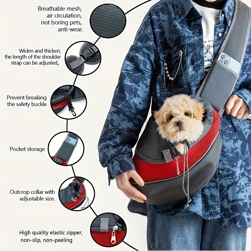 Zippered dog sling carrier for travel with breathable mesh, perfect for outdoor adventures with your puppy or cat.