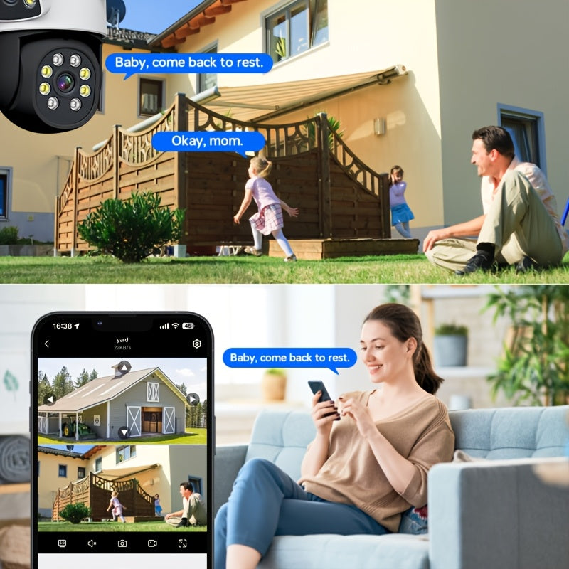 Two Dual Lens Security Cameras - Features Wireless 5G WiFi, 4MP HD, Pan/Tilt, Human Tracking, Two-Way Audio, Color Night Vision, IP65 Waterproof, USB Powered, and utilizes the Eseecloud App