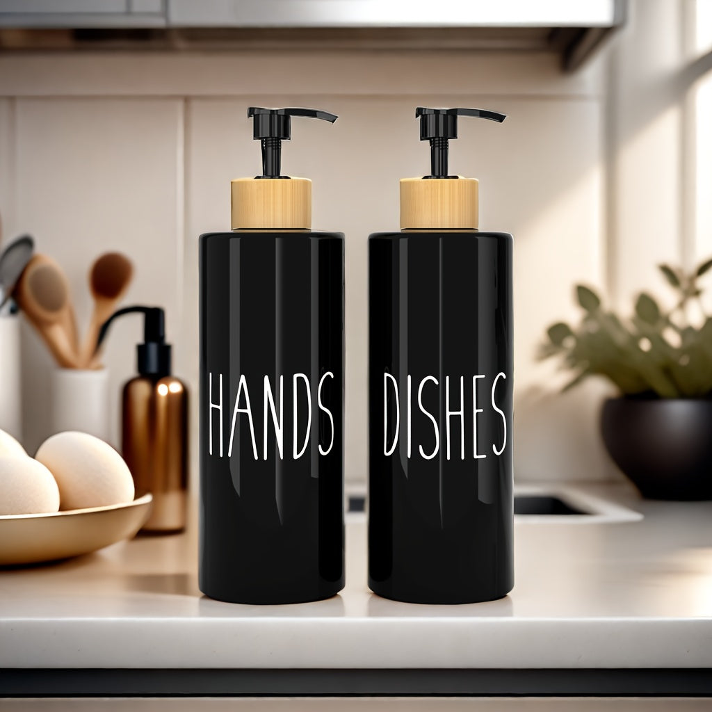 Set of 2 refillable soap dispensers with 16.91oz PET plastic bottles and wooden tray for kitchen use.