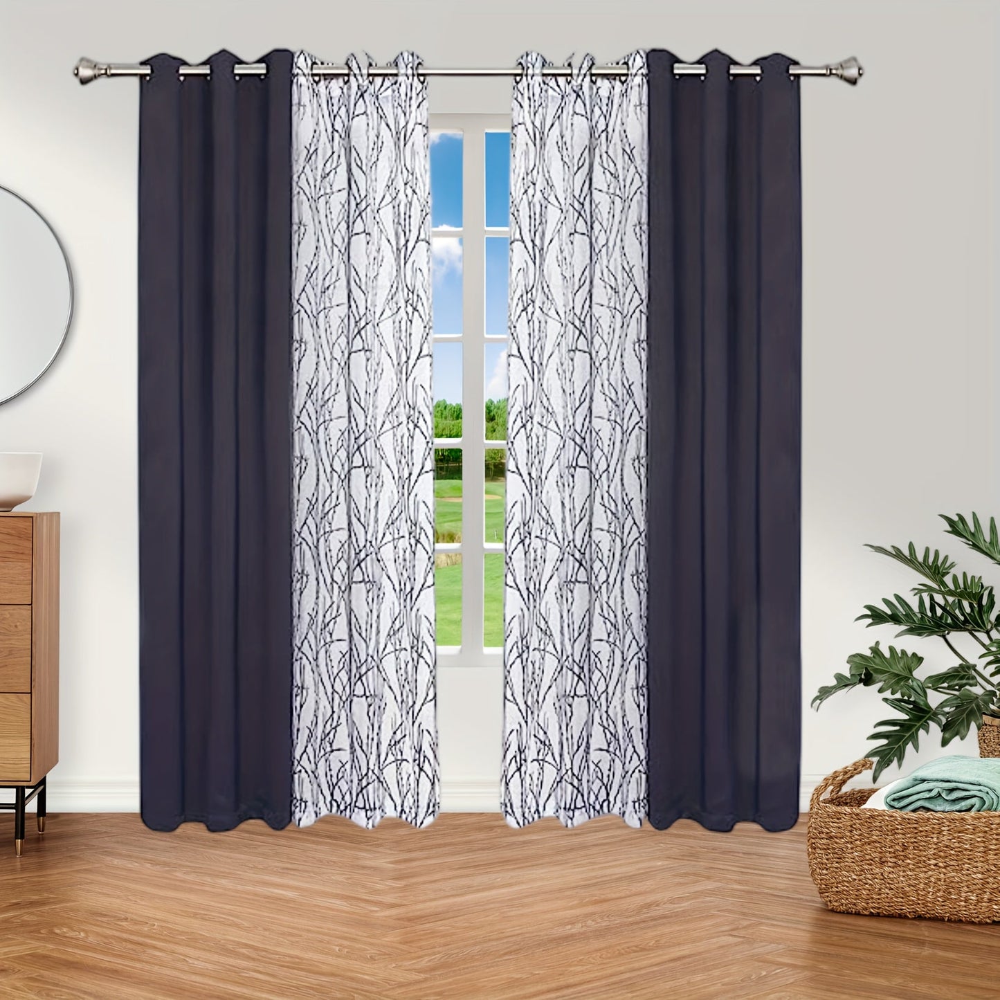 Pair of Curtains for Bedroom or Living Room - Includes 1 Sheer Branch Print Curtain and 1 Blackout Curtain, Grommet Style, 54x84 Inch Each, Dark Gray, Set of 2 Panels