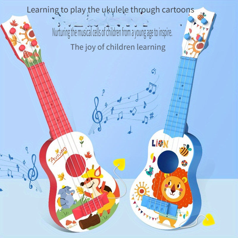 Ukulele toy in red/blue plastic, playable music instrument.