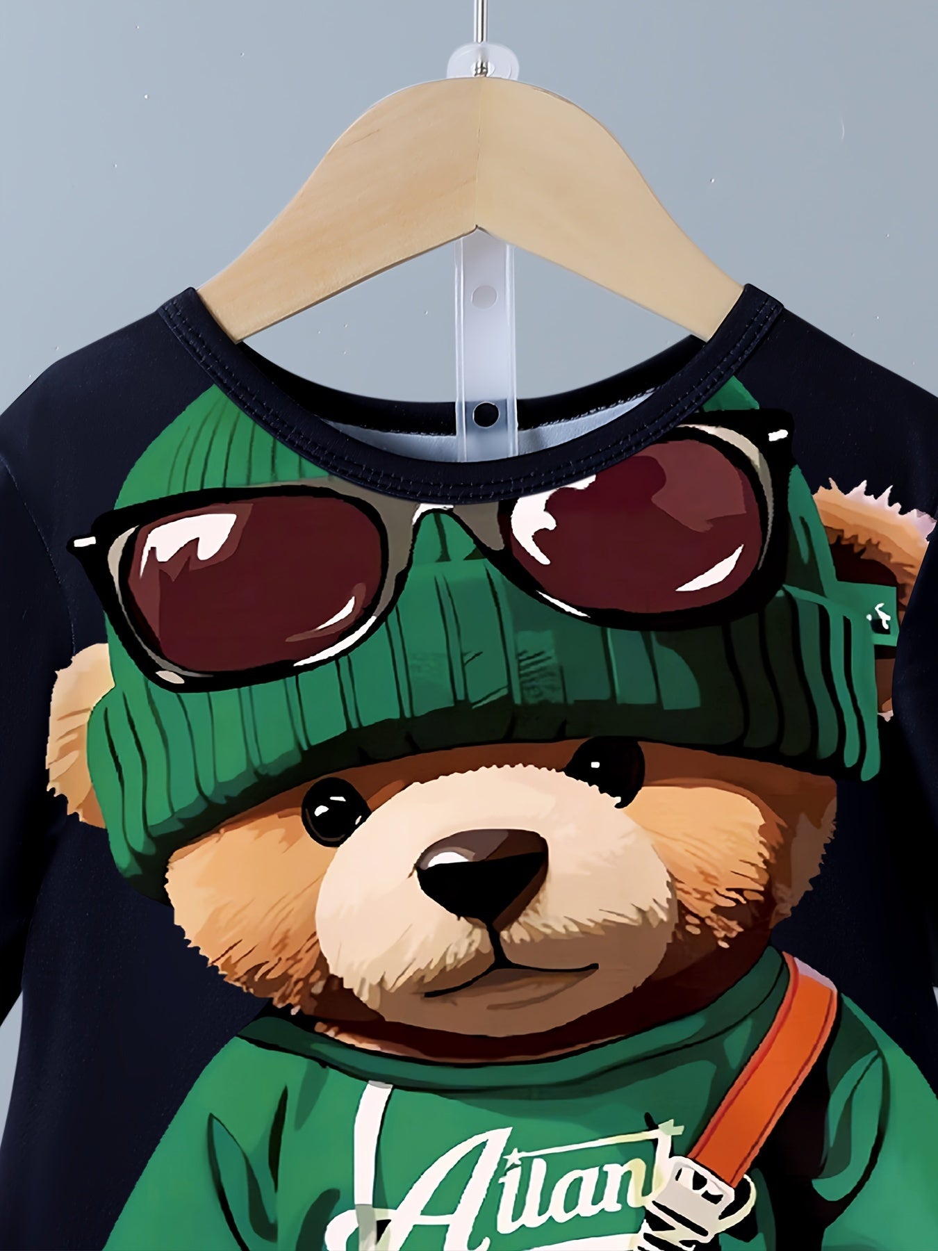 Boys' Cartoon Bear Outfit: Crew neck T-shirt and knit shorts with slight stretch for summer.