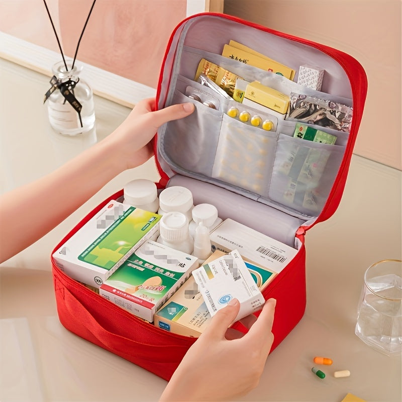 Portable first aid kit with large capacity, foldable storage for home, travel, and car emergencies.