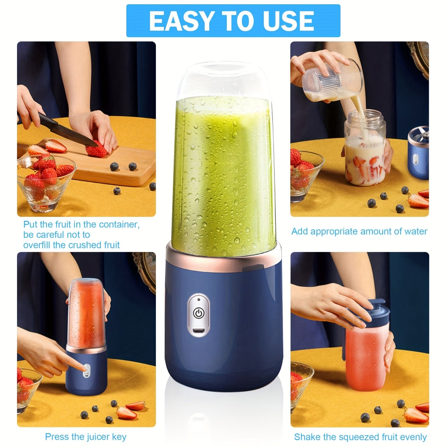 Introducing the XIZIISS Portable USB Rechargeable Juicer Cup! This compact and multifunctional smoothie maker features a 6-blade stainless steel design and includes 2 cups for added convenience. With a powerful 1200mAh lithium battery, this ice crusher