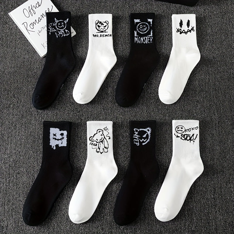 Men's trendy graffiti crew socks, 3/5/8/10 pairs, breathable and comfy for outdoor wear