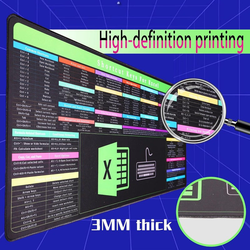Excel Shortcut Keyboard Cheat Sheet - Non-Slip Desk Mat & Mousepad for Office Efficiency