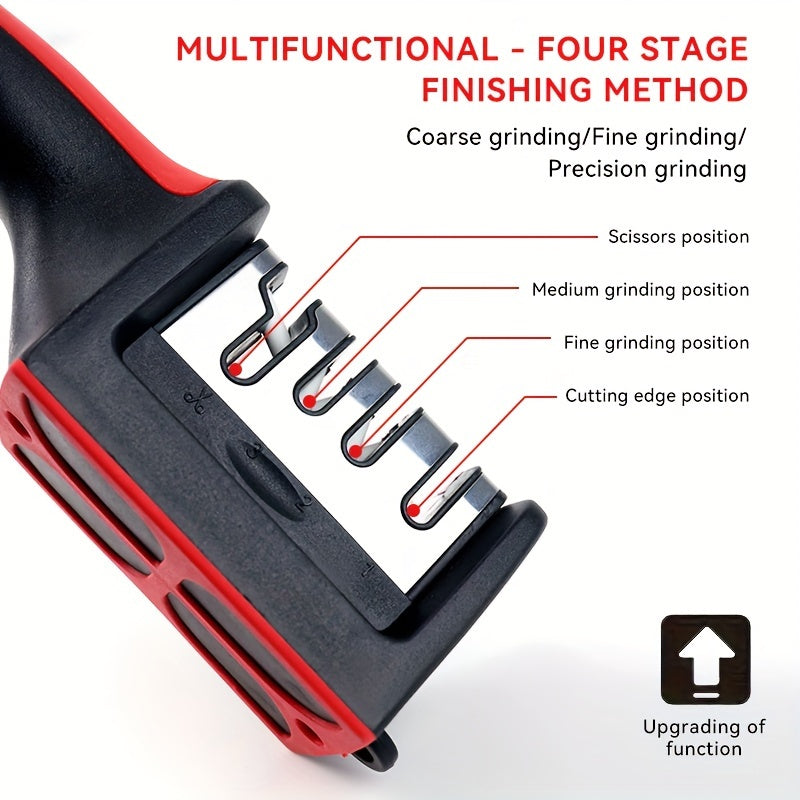 Professional 4-stage kitchen knife sharpener with tungsten, diamond, and ceramic stones.