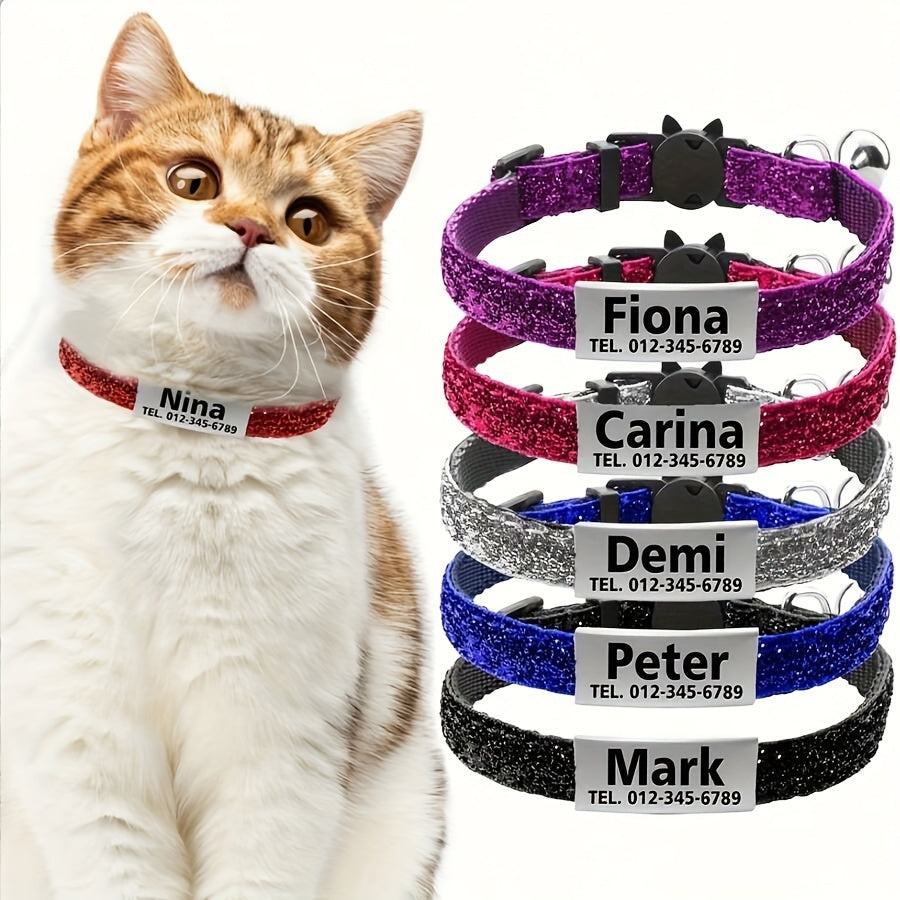 Personalized cat collar with bell, custom engraved ID tag, adjustable anti-suffocation design, suitable for kittens and puppies.