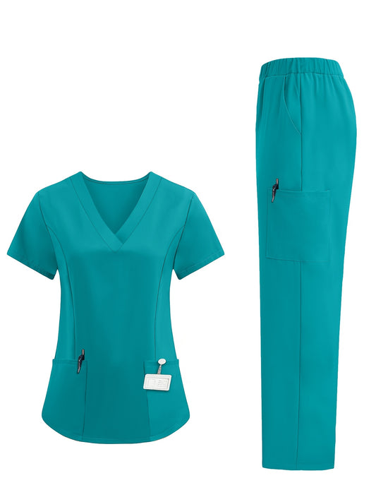 Short-sleeved V-neck work attire, hand-washable, with functional patch bag.