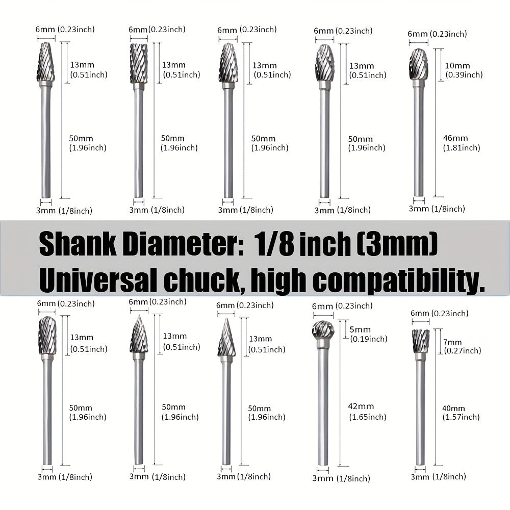 10-piece set of high-performance tungsten carbide rotary burrs with 1/8" shank for precise grinding and carving. Double cut for efficiency.