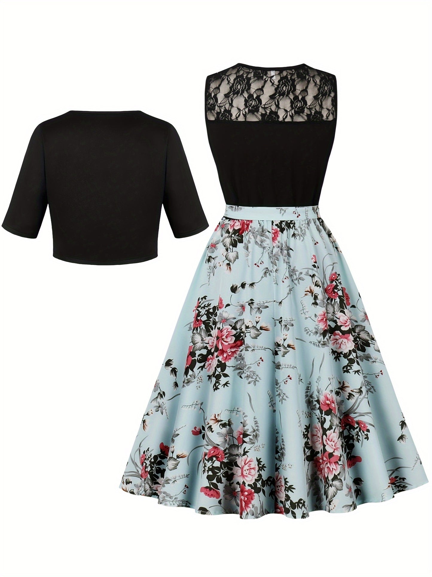 Elegant Floral Print Dress Set with Solid Color Outerwear and Contrast Lace Crew Neck Dress