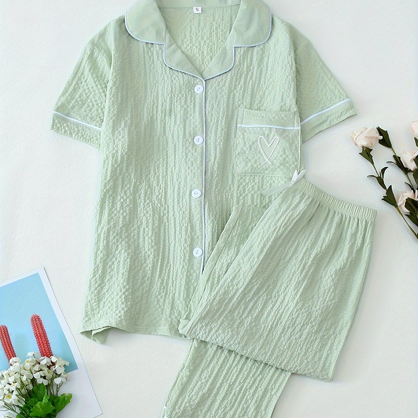 Women's Heart Embroidery Casual Pajama Set, Short Sleeve Top & Pants