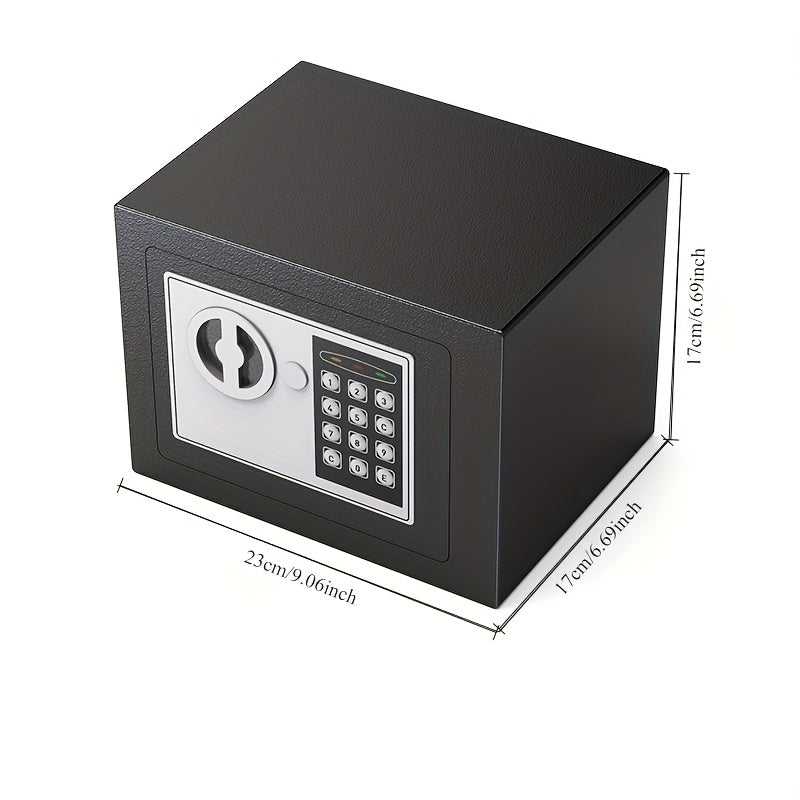 Secure digital security safe with combination and key lock for storing valuables in homes, offices, and hotels. Made of metal and powered by dry batteries. Not waterproof.