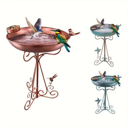 Vintage bird bath stand with 12-inch metal bowl and detachable folding iron base for outdoor use as a bird feeder station.