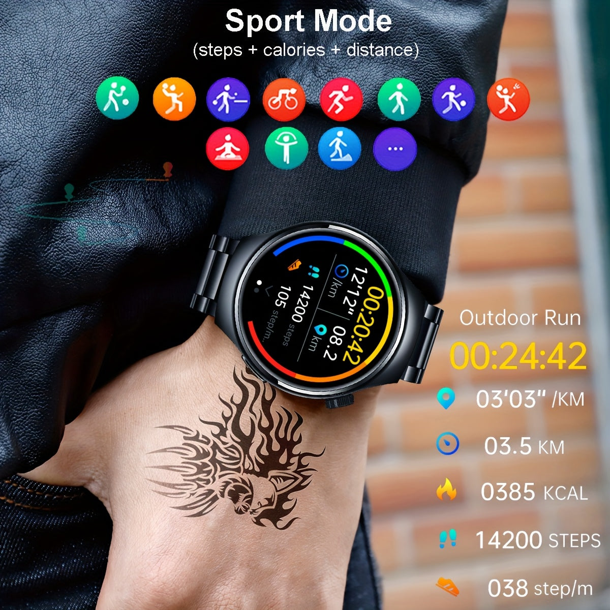 COIUSOR Men's smartwatch features 1.39-inch full touch display, stainless steel strap, 100+ sports modes, HD calls, weather updates, reminders, rechargeable lithium battery, water