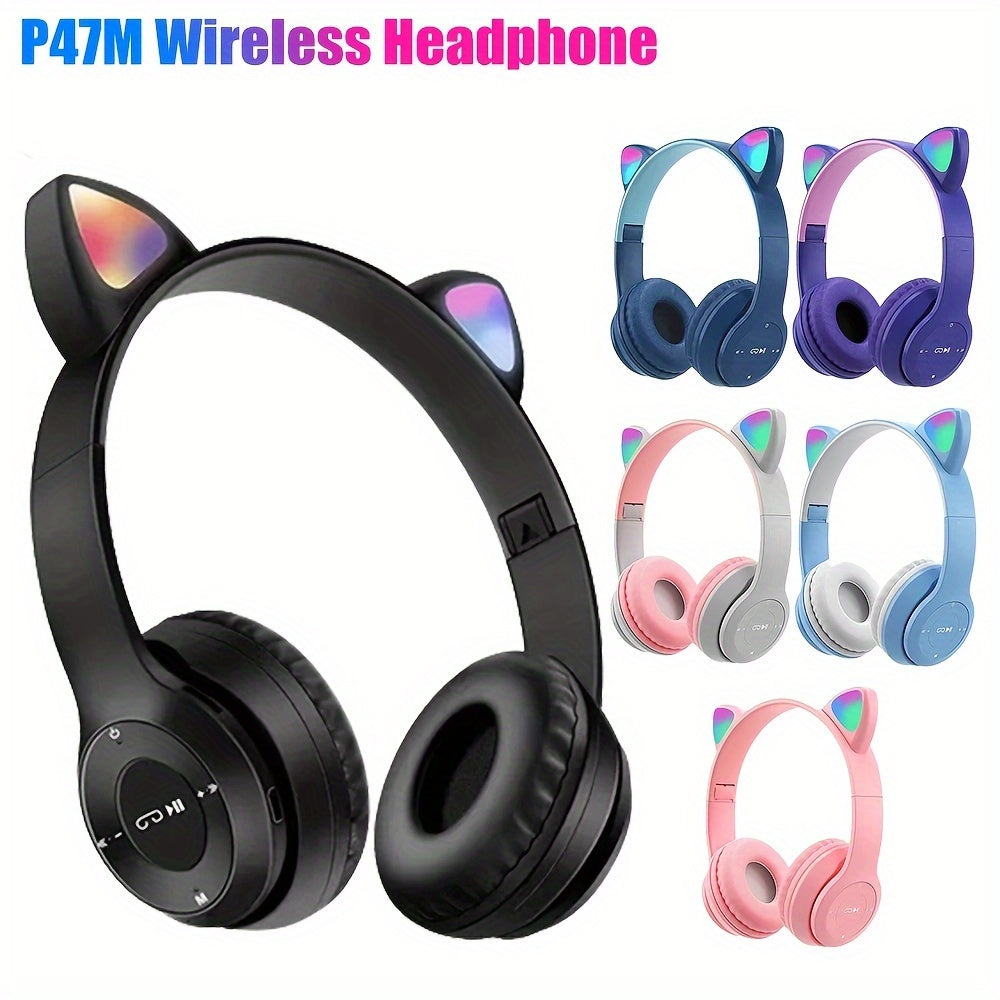 Wireless headphones with cute cat ears, LED lights, mic control. Stereo music helmet for phones and tablets with USB charging, volume control, and 3.5mm jack. Available in multiple colors.