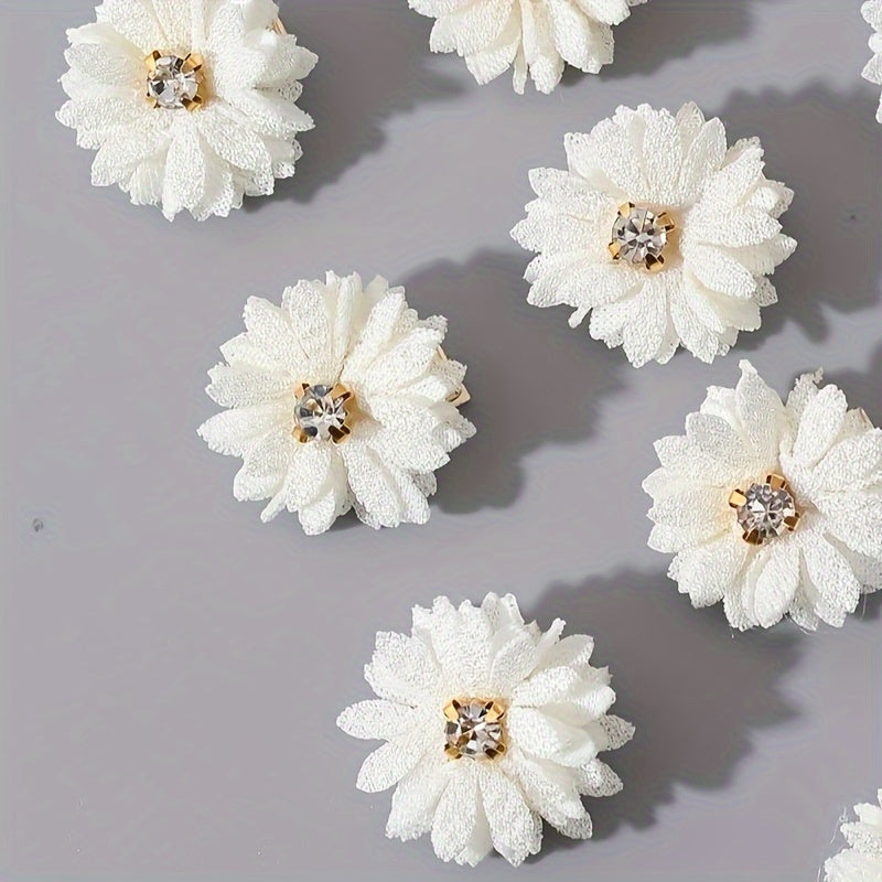 A set of 10 Chinese-style hair clips with fabric flowers and rhinestone centers in white, perfect for parties and daily wear.