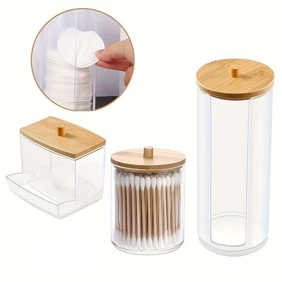 3 transparent storage jars with bamboo lids for organizing swabs, pads, and floss. Includes wooden dispenser box. Ideal for bathroom and home office organization.