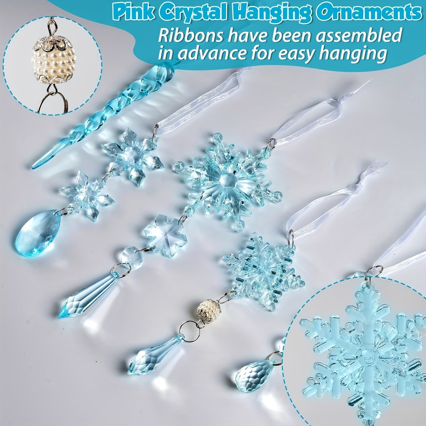 18 Christmas decorations including acrylic snowflakes and icicles with crystal pendants, light blue holiday ornaments that do not need electricity, perfect for Christmas, New Year, and seasonal celebrations as tree ornaments.