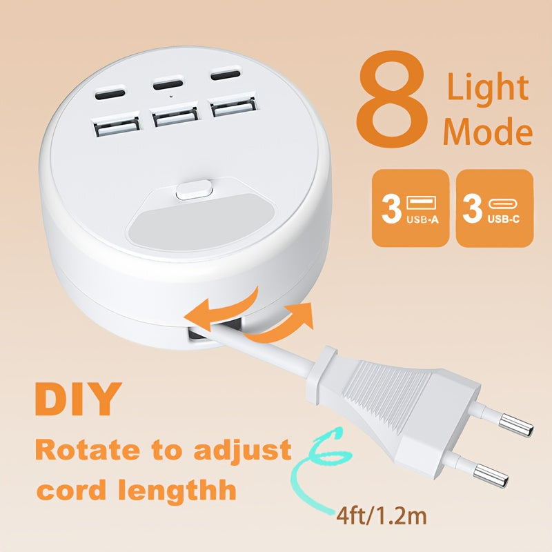 Новая многофункциональная удлинительная розетка с 6 USB-портами, 8 режимами ночного света и 1,2-метровым удлинителем. Идеально подходит для дома, офиса, кухни, гаража и использования на улице.