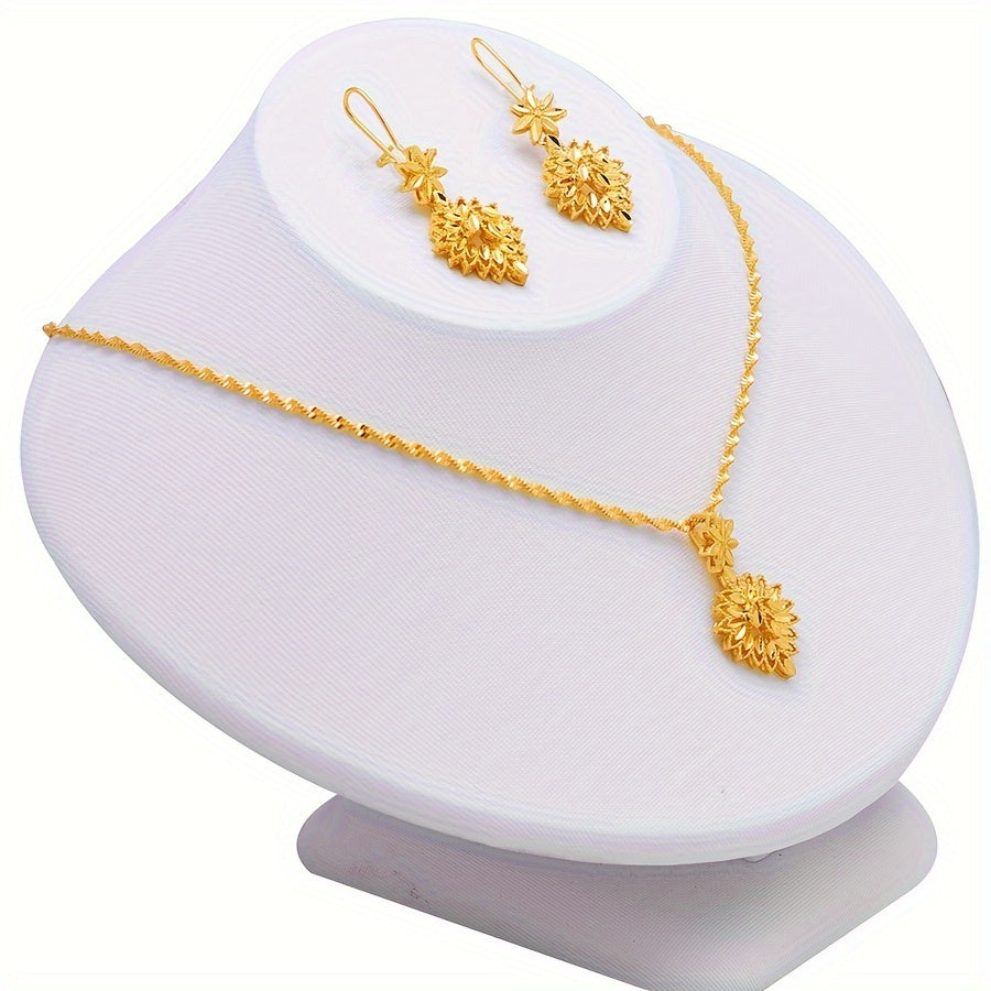 Leaf Design Earrings and Necklace Set with 22K Gold Plating, Perfect for Weddings and Formal Occasions, Offering a Minimalist Style that Mimics High-end Luxury Jewelry