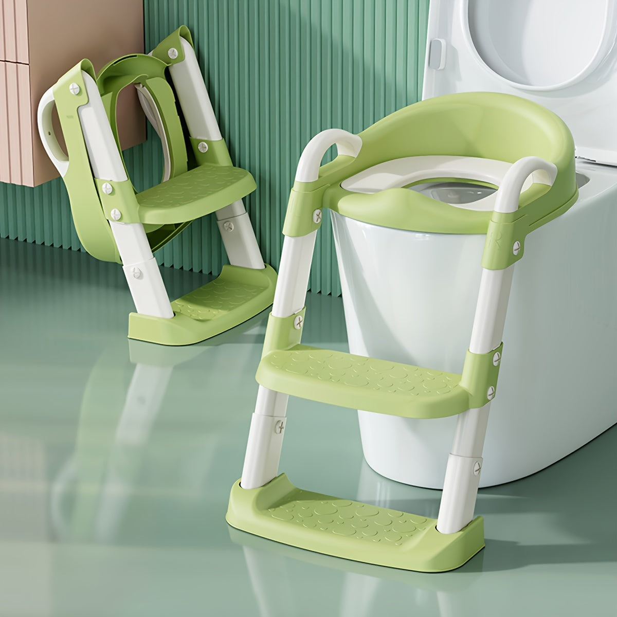 Adjustable height step stool with safety handles for kids potty training, featuring a ladder and foldable plastic chair suitable for boys and girls.