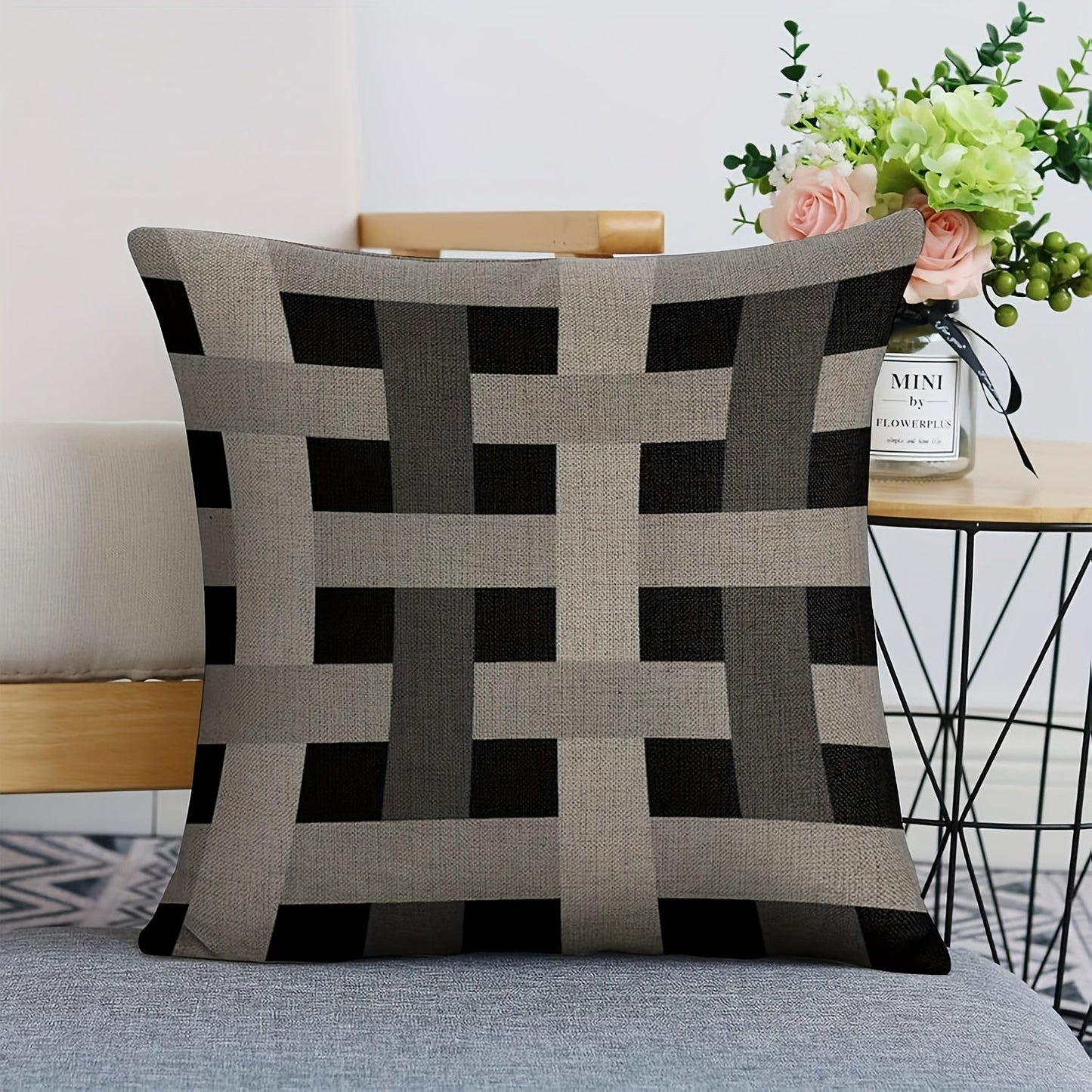 Contemporary Art Chic Black & Grey Linen Pillowcase with Zip Closure - Machine Washable for Living Room Sofa or Bedroom Decor, Perfect for Adding Style to Your Couch with Decorative Pillows