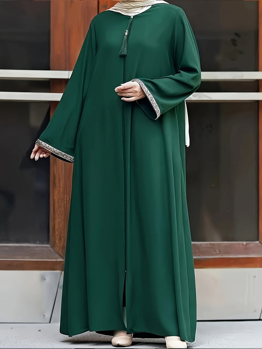 Women's sequined trim long sleeve maxi dress with crew neck, loose fit, and max length - perfect for Muslim attire.