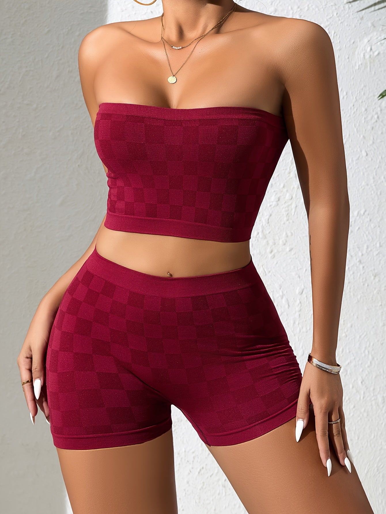 Casual plaid lingerie set includes strapless top and matching boyshorts.