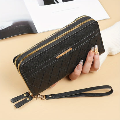 Fashion Double Zipper Long Wallet, Argyle Pattern Clutch Bag, Women's Wrist Coin Purse Mobile Phone Bag