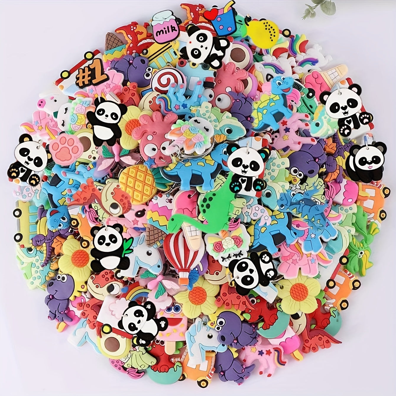 Set of 100 adorable cartoon keychains featuring panda, rainbow, and avocado charms - ideal for adding a touch of cuteness to your bags and keys. The perfect gift for women.