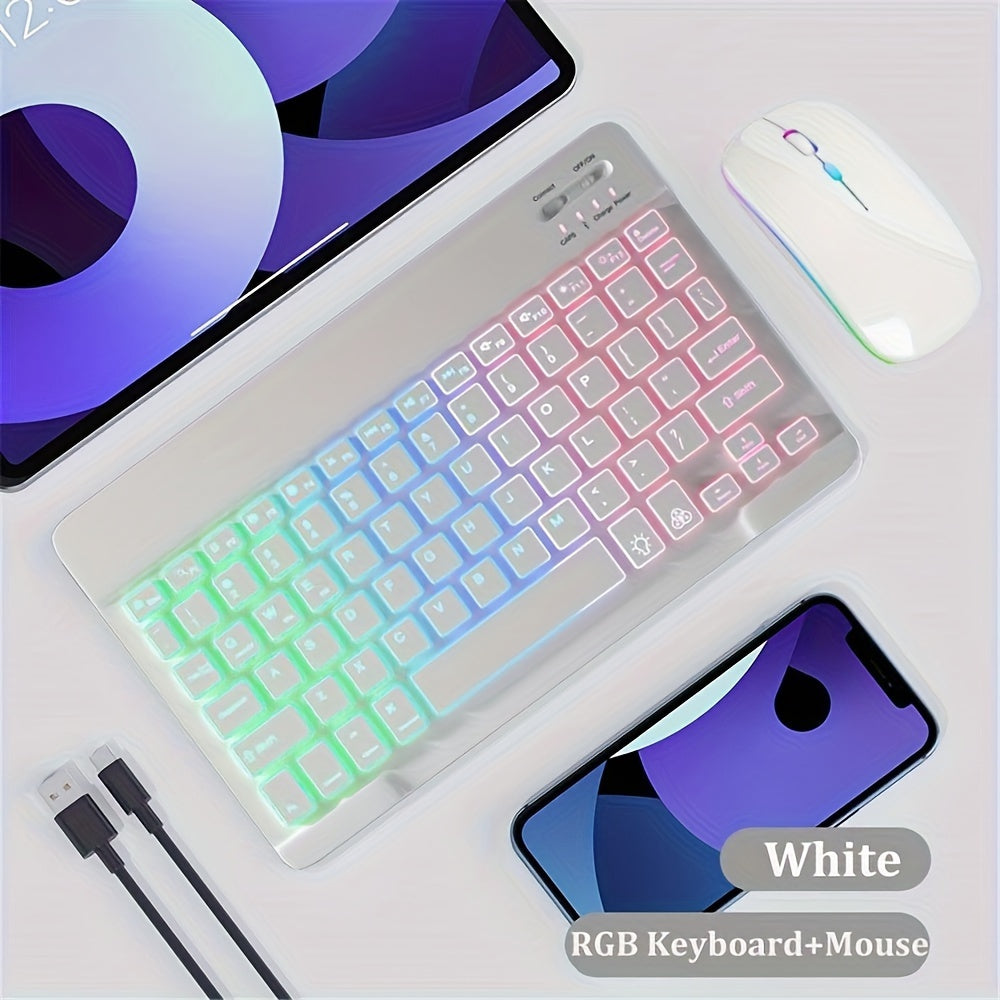 Ultra-Slim backlit wireless keyboard and mouse set with rechargeable battery, type-C charging, and tablet compatibility in English layout.