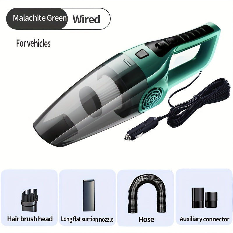 Handheld car vacuum cleaner with 5m cord, 4KPa suction power, 100W, 0.3L dust cup, car plug, one-click dusting, flat nozzle, 60dB noise level - no battery needed.