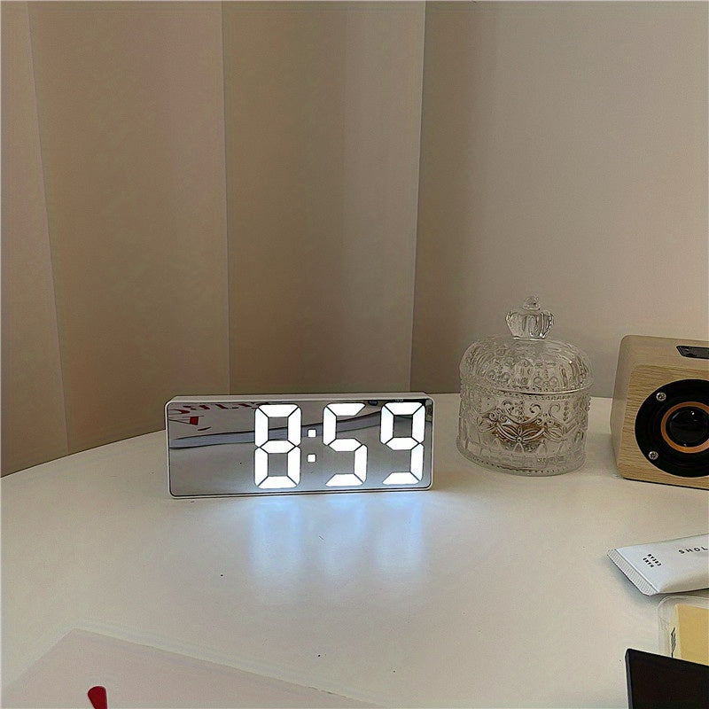 Smart LED desk alarm clock with voice control, silent alarm, snooze function, and wake up alarm.