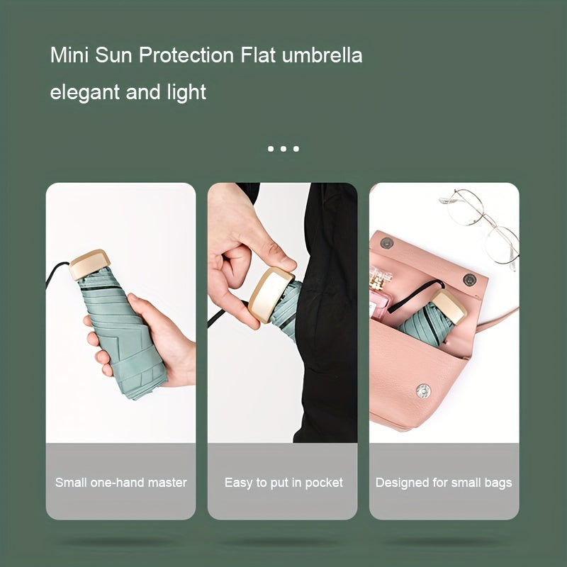 Mini folding umbrella with 6 ribs and durable aluminum alloy handle/frame, manual open/close, stylish and portable, suitable for sun and rain. Available in pink, blue, white, and gray. Cute