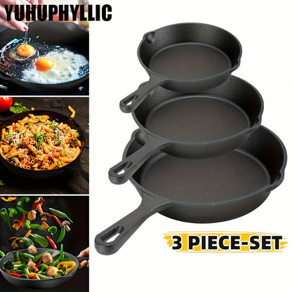 YUHUPHYLLIC pre-seasoned frying pan set includes 3 sizes (16cm, 20cm, 25cm) with spatula and handle sleeve for various cooking methods.