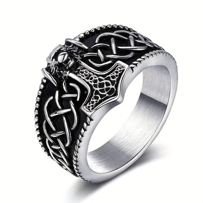 Men's Vintage Lion Head Thor's Hammer Ring - 316 Stainless Steel, Fashionable Amulet Jewelry