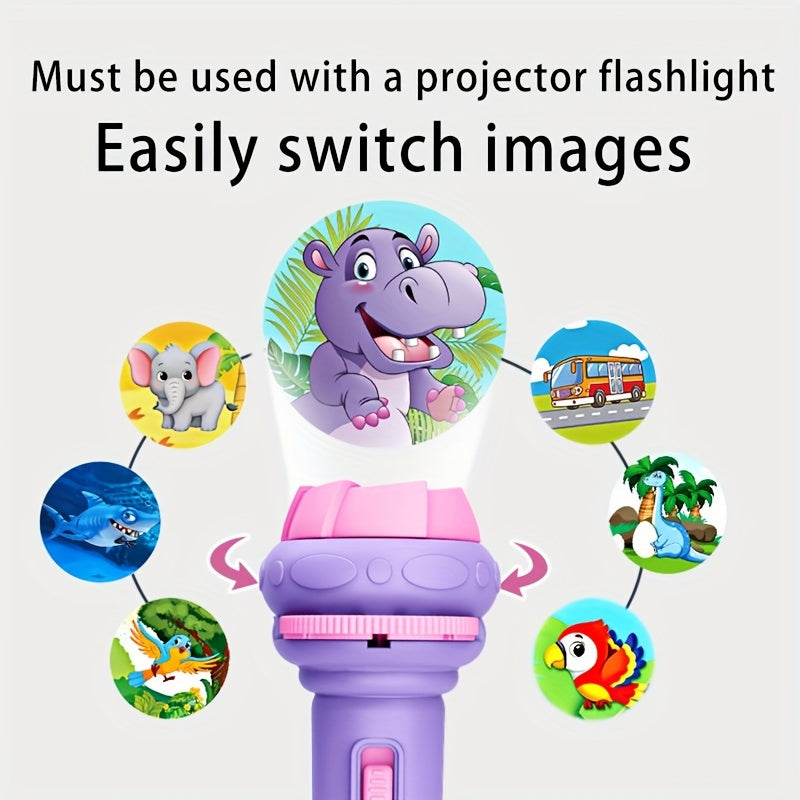 Projection Flashlight Cards: For 3.2cm flashlights, 18 cards with 144 patterns for ages 3+. Designs include animals, vehicles, pets, dinosaurs, oceans, and birds.