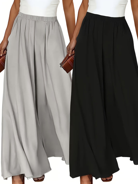 Two high-waisted wide-leg pants for women in solid color polyester, non-stretch fabric. Comfortable loose fit with pockets for daily wear in all seasons.