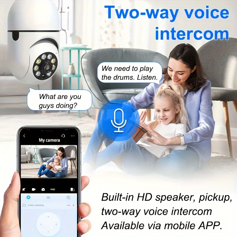 WiFi-enabled smart bulb camera with night vision capabilities, two-way audio, and a wide angle lens. Allows for real-time video streaming, remote monitoring, and compatibility with voice assistants. Ideal for ensuring the safety of youngsters and makes