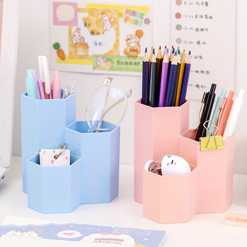 Portable 3-in-1 plastic pencil holder with adjustable dividers for office supplies storage, colorful candy design