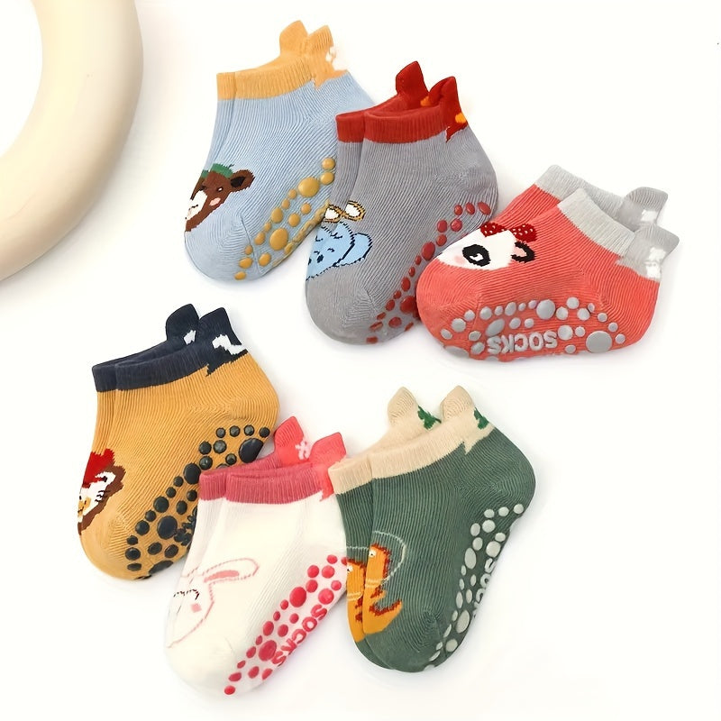 6 pairs of baby boys' non-slip cotton socks with cute cartoon animal patterns for infants learning to walk.