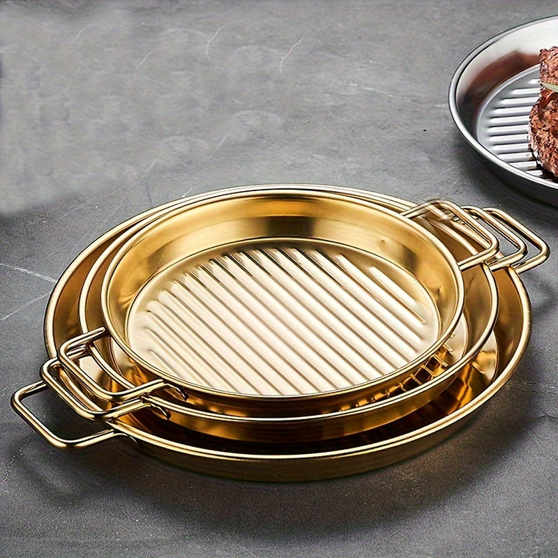 1 set of 3 pieces of round striped stainless steel rose golden baking pans, with sizes measuring 16.51cm, 19.05cm, and 21.59cm. These pans come with double handles and are suitable for both home and commercial use. Featuring a striped design, these