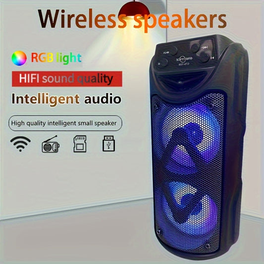 Large dual 3-inch outdoor speaker with LED light, pluggable card, USB and microphone connection. Perfect for camping and portable use with wireless capabilities and colorful lighting.