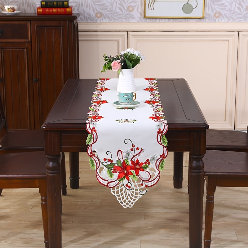 1pc Exquisite Christmas Embroidered Table Runner, Hand Hollowed, Perfect for Holiday Decor and Parties in Dining and Living Rooms