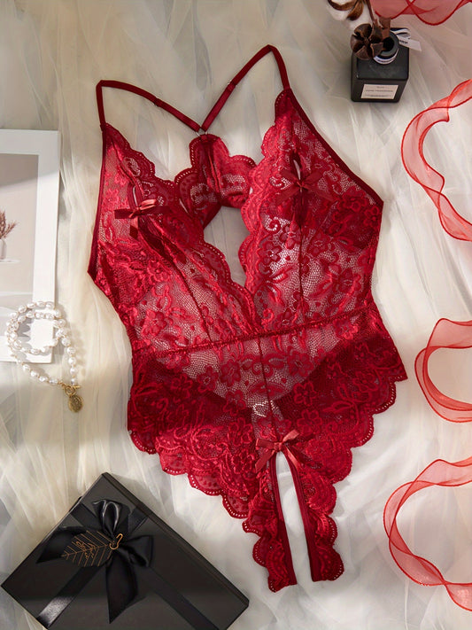 Sexy lingerie set featuring a floral lace teddy with scallop trim and a mesh bodysuit with heart ring detail and backless design.