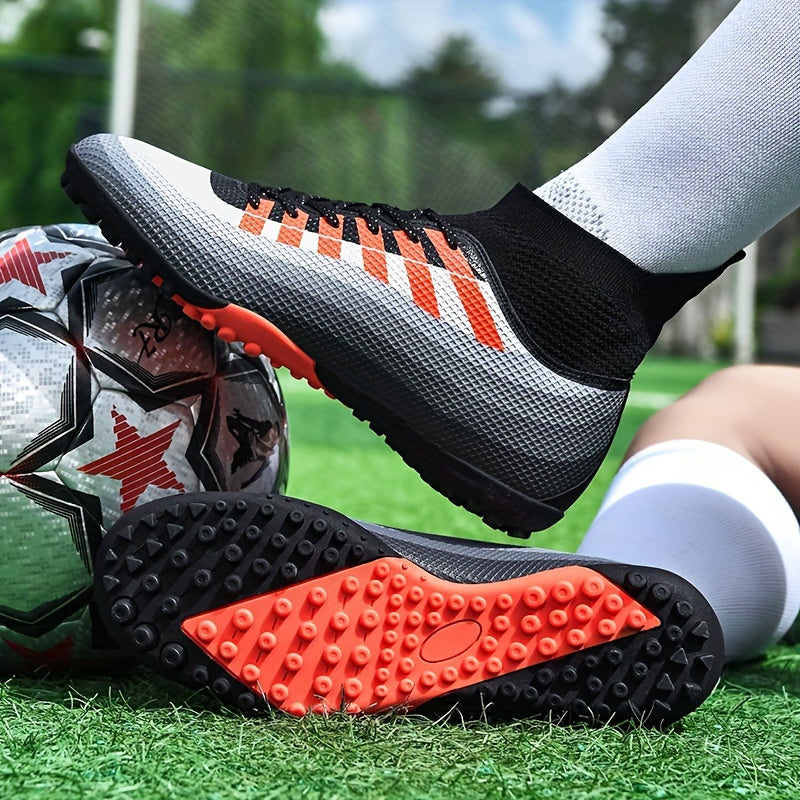 Men's trendy high top TF soccer shoes, durable and breathable for outdoor training and competition.