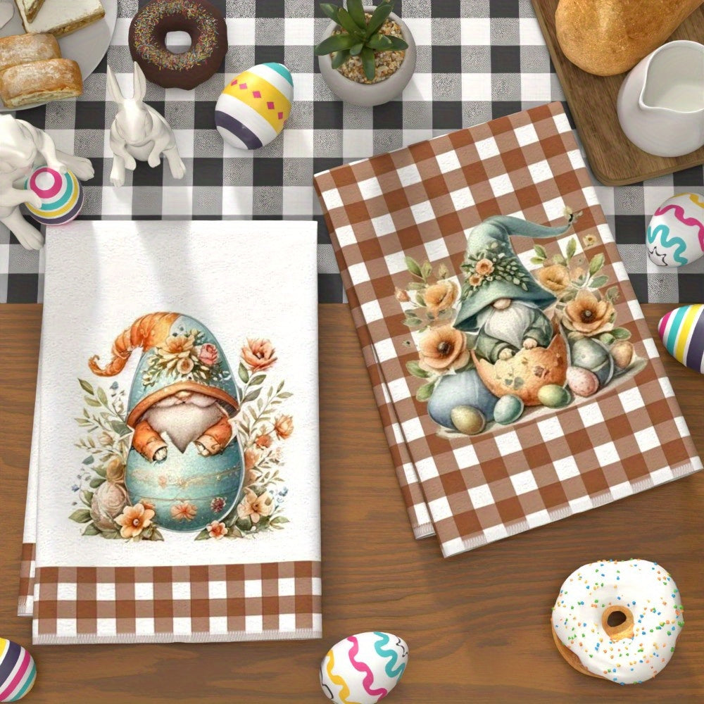 Set of 2 Adorable Easter Gnome and Floral Egg Kitchen Towels - 45.72x66.04cm - Made of Soft and Absorbent Polyester - Features Brown Checkered Borders - Perfect for Adding a Touch of Spring to Your Kitchen or Bathroom - Great for Use as Hand or Face