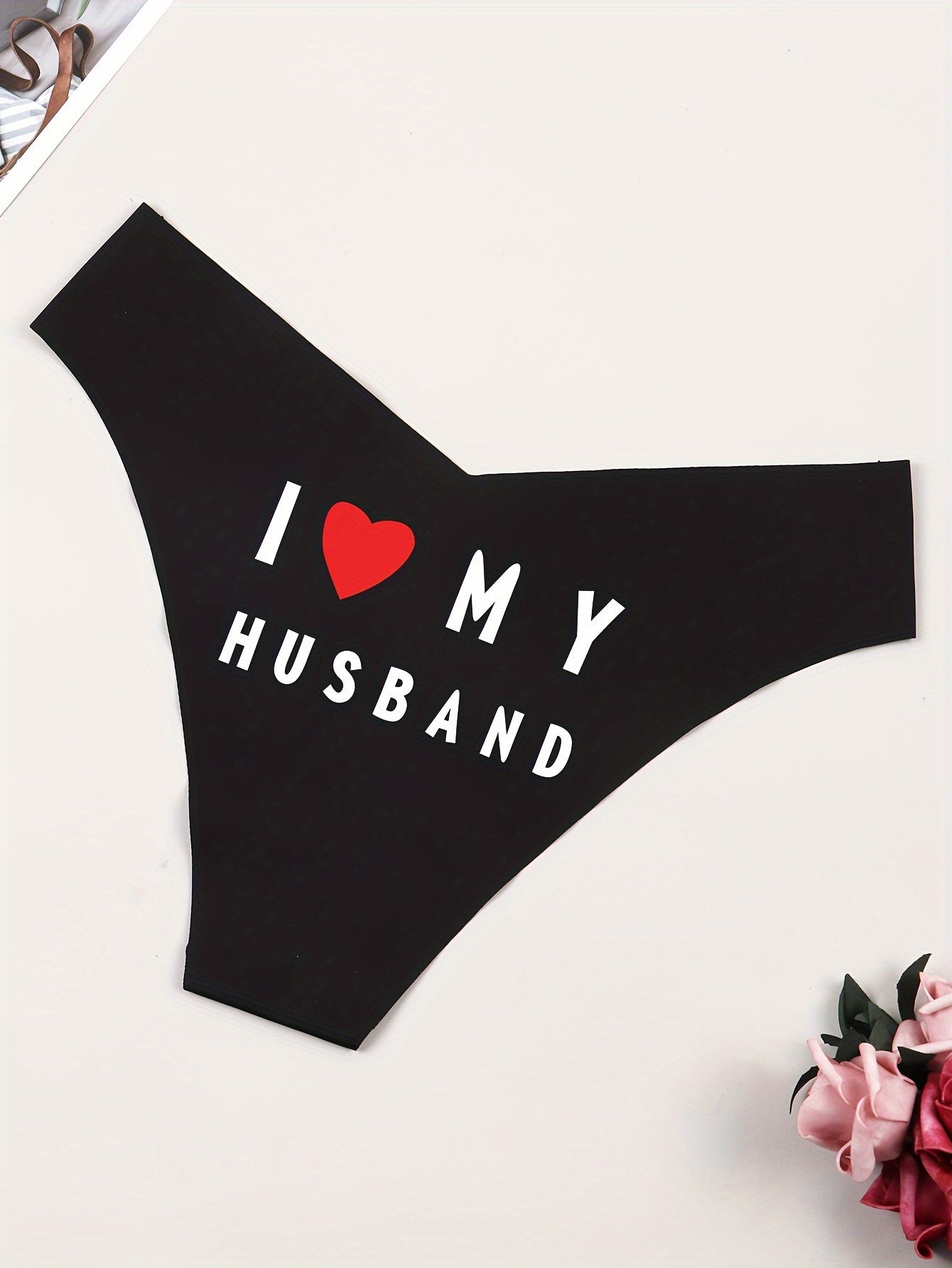 I Love My Husband" Heart Print Black Panty - Sexy and Comfortable Polyamide Underwear with Alphabet Pattern